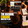 BSchoolForTheBlock BSchool Engine Monthly Plan product image featuring an overhead view of a creative entrepreneur working on a laptop, surrounded by campaign plans, a content calendar, and handwritten strategy notes. Bold white and yellow typography highlights a direct-to-fan business management system covering Shopify, content, marketing, and campaigns, with the message “Se habla español.”