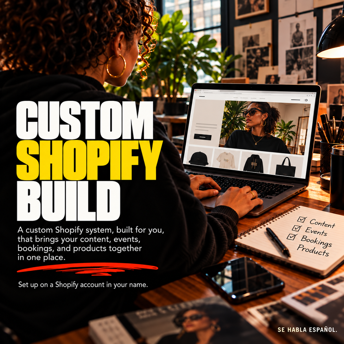 BSchoolForTheBlock Custom Shopify Build featuring a creative entrepreneur working on a laptop displaying an online storefront. Bold white and yellow typography promotes a custom Shopify system for content, events, bookings, and products, with the message “Se habla español.”