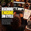 BSchoolForTheBlock Engine 3-Month Cycle product image featuring an overhead view of a creative entrepreneur working on a laptop, surrounded by a handwritten three-month strategy plan, camera gear, and business materials. Bold white and yellow typography promotes prepaid direct-to-fan management covering Shopify, content, campaigns, and strategy.
