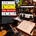 BSchoolForTheBlock Engine Full 3M Cycle Renewal product image featuring a cinematic creative workspace with a laptop displaying an online storefront, camera gear, and a handwritten 12-month renewal plan. Bold white, yellow, and red typography highlights continued Shopify management, content, campaigns, and strategy at a locked rate, with the message “Se habla español.”